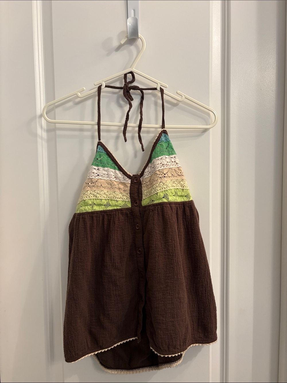 Free People Brown Halter Camisole with Green and Cream Crochet